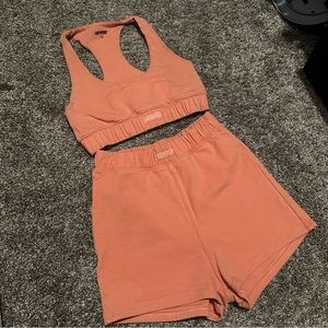 bo+tee orange sports bra and shorts set